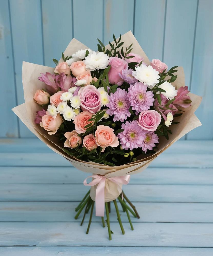 Букет цветов из: Хризантемы, Розы и Альстромерии в Острове