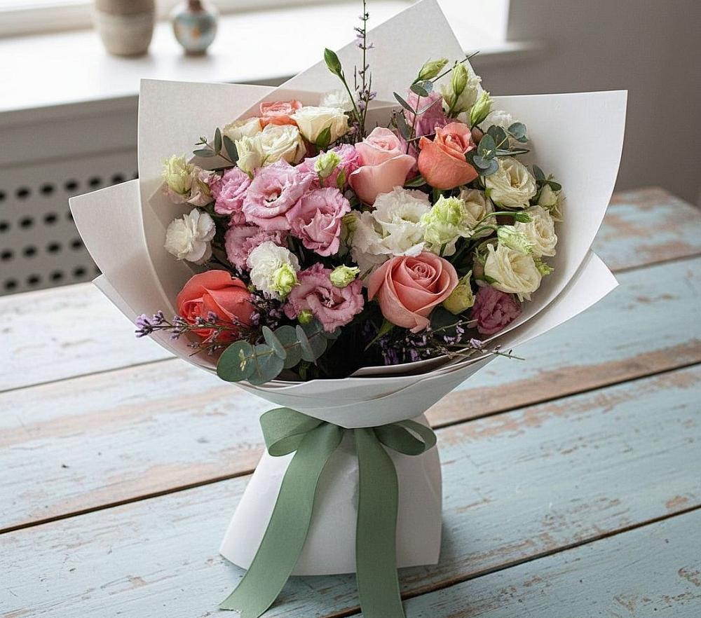 Букет цветов из: Розы, Лизиантусы и Гвоздики в Острове