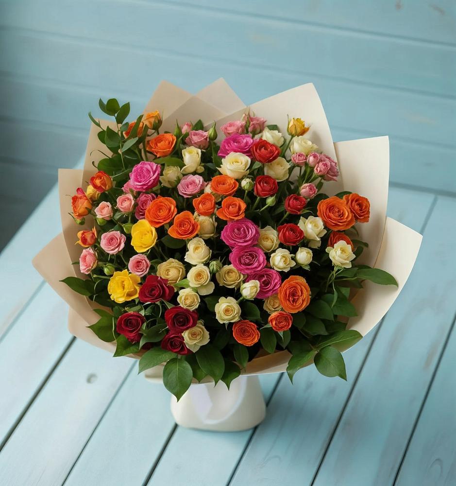 Букет Микс из разноцветных кустовых роз в Острове