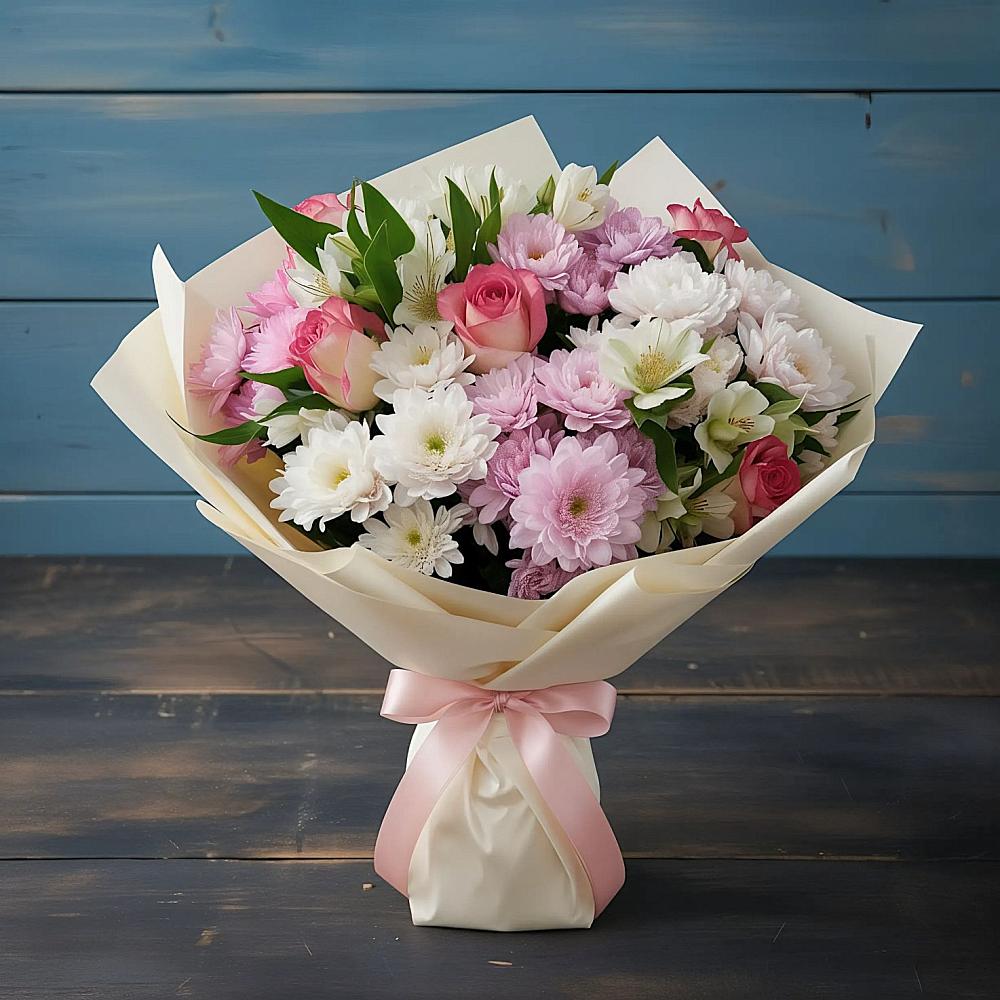 Букет цветов из: Хризантемы, Альстромерии и Розы в Острове